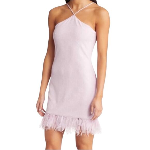 NWOT SAYLOR Ainsley Feather Trim Ribbed Halter Mini Dess Lavender – Sz M - Picture 2 of 8